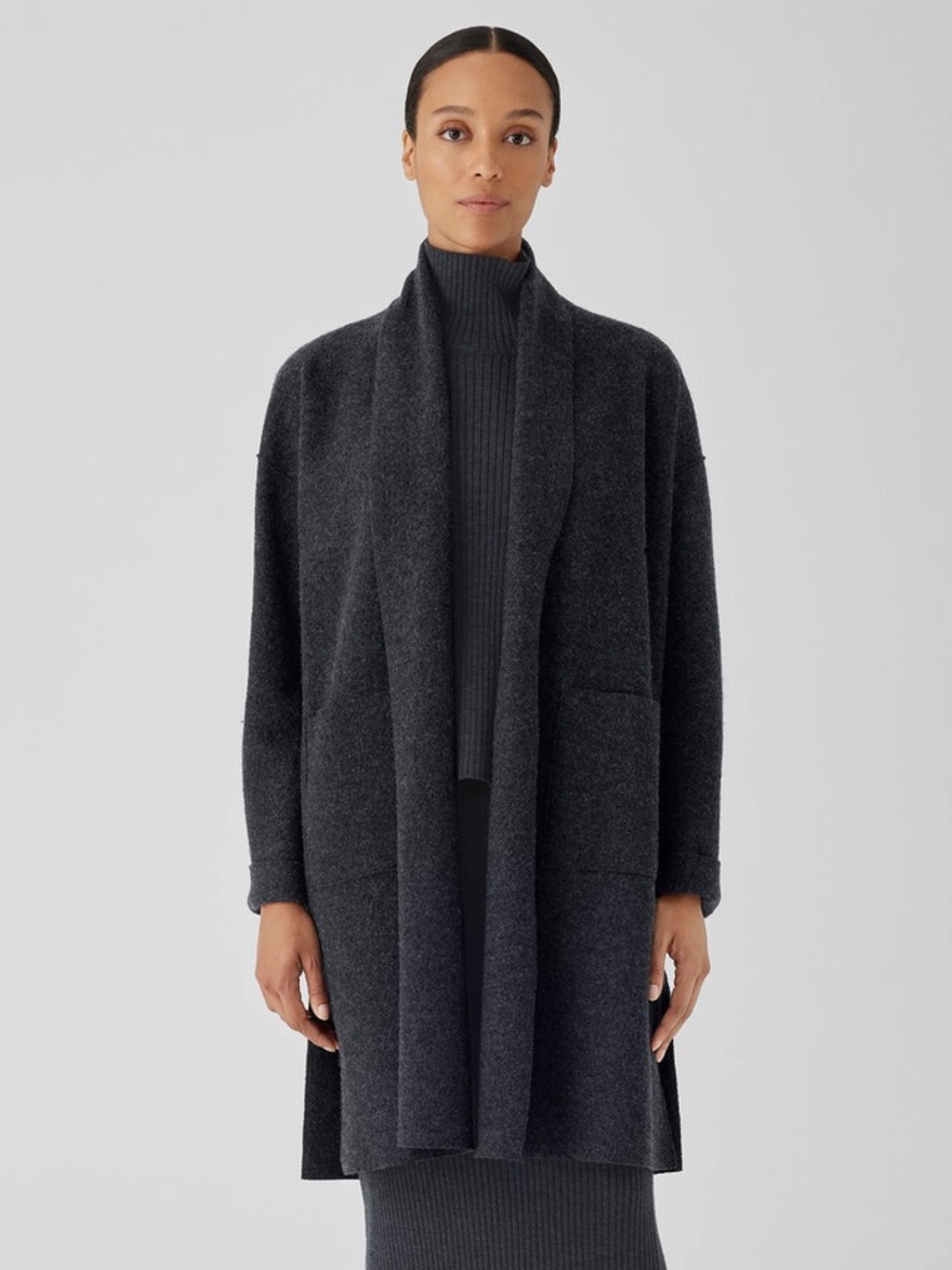 Authentic Eileen Fisher Charcoal Grey Boiled Wool Cardigan Coat S/P